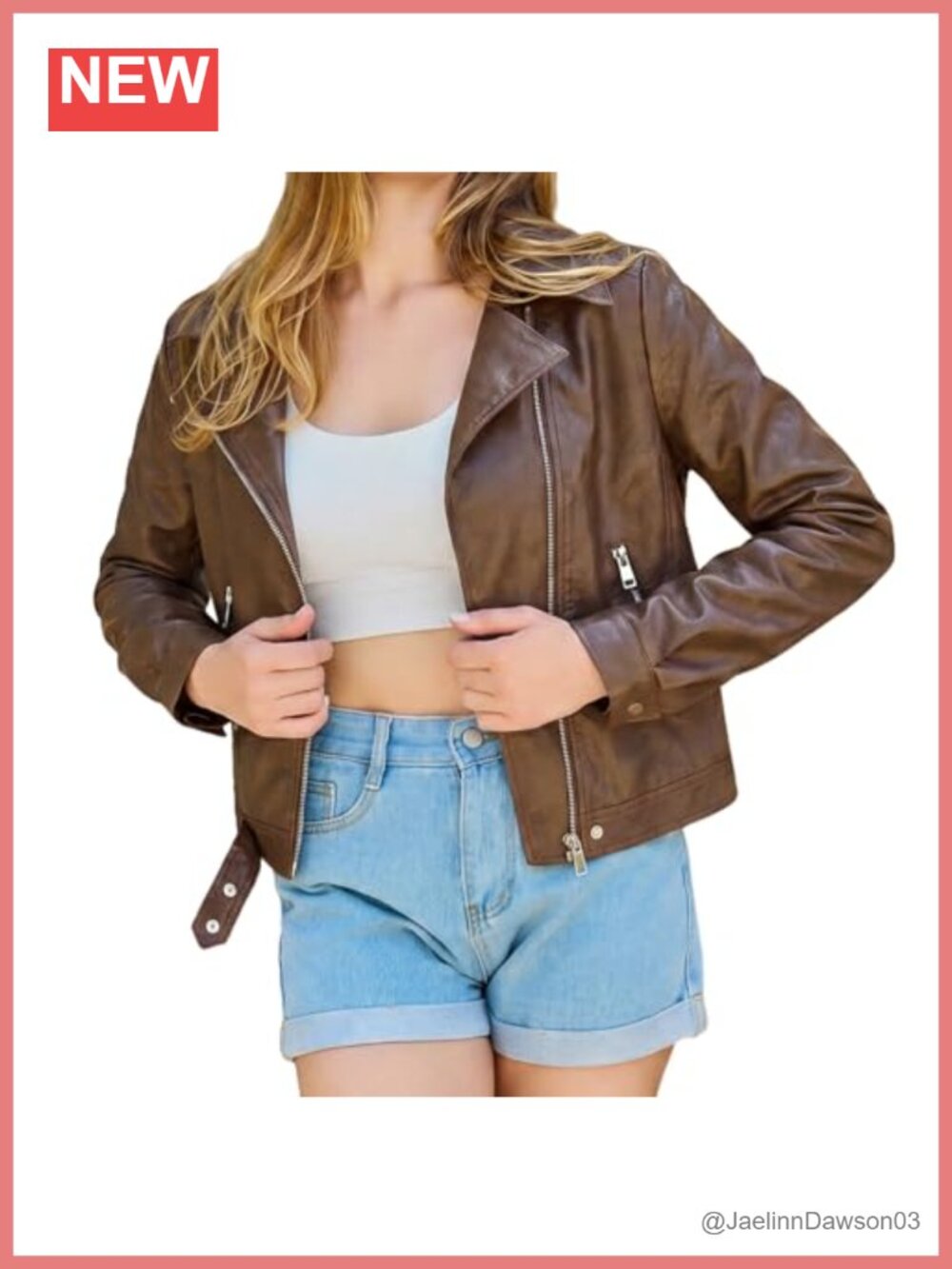 Women's Cropped Faux Leather Moto Jacket Slim Fit Zip Biker Coat
